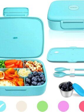 Bento 5-Compartment Lunch Box w/Snack Cup, Cutlery, BPA Free (Blue) New in Box